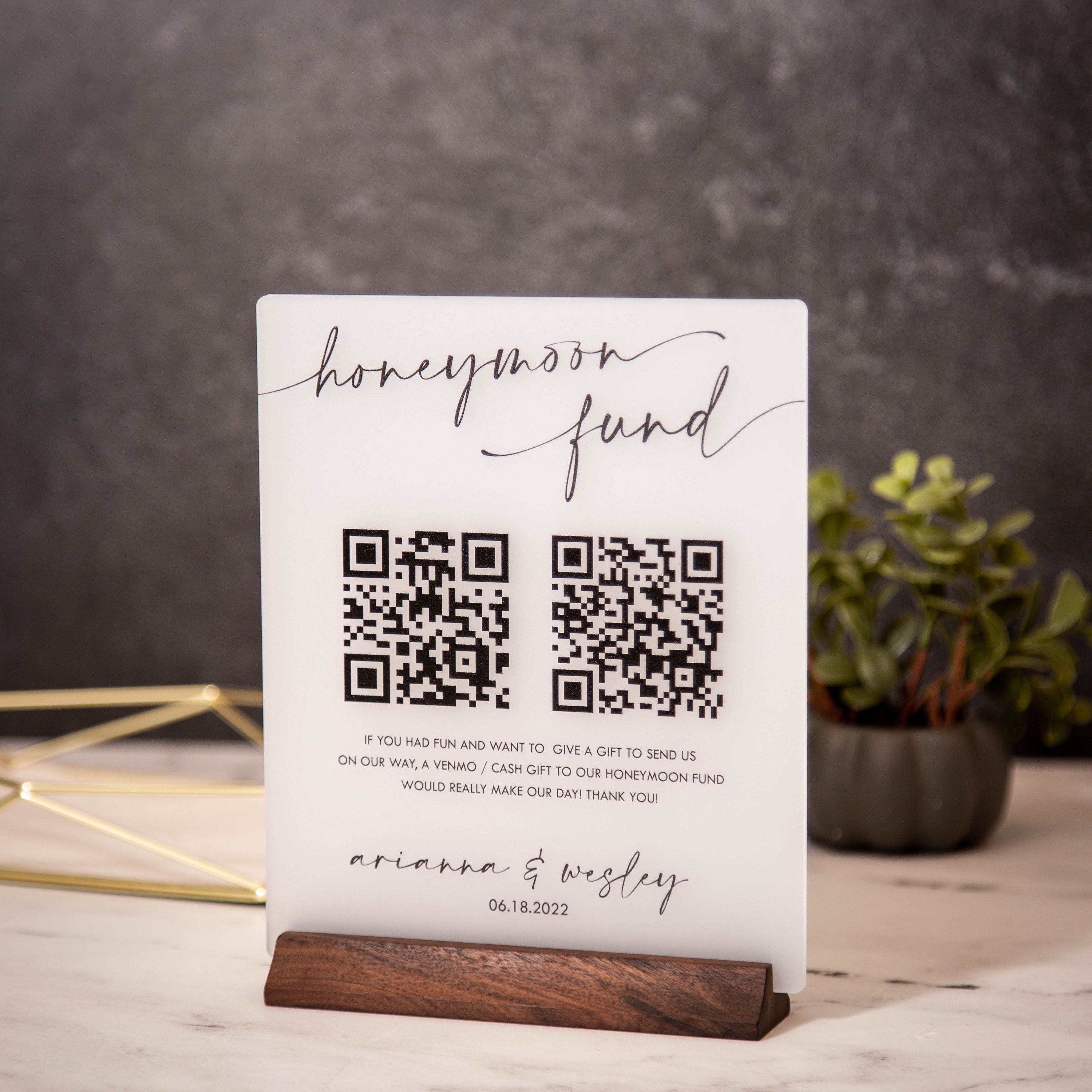 Honeymoon Fund QR Sign with Wood Stand
