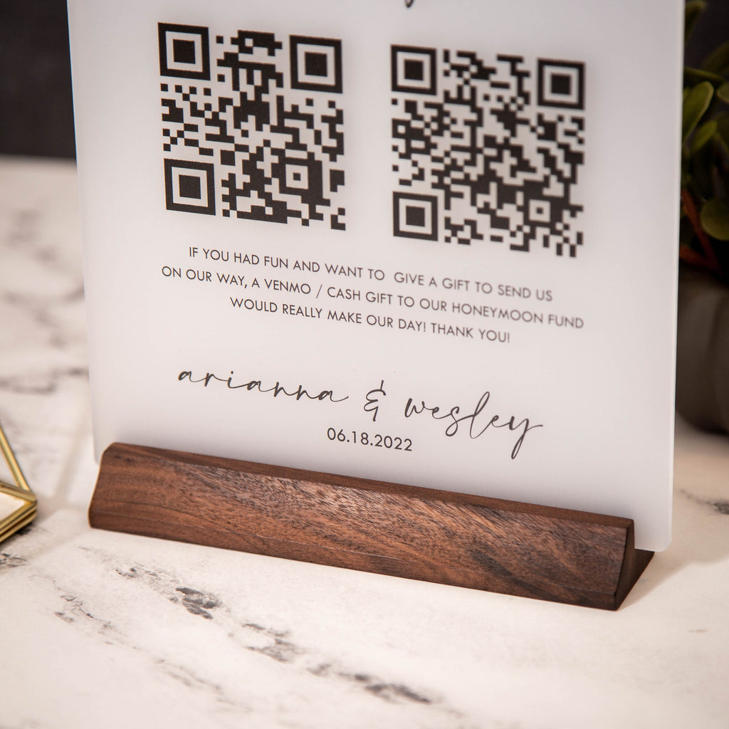 Honeymoon Fund QR Sign with Wood Stand