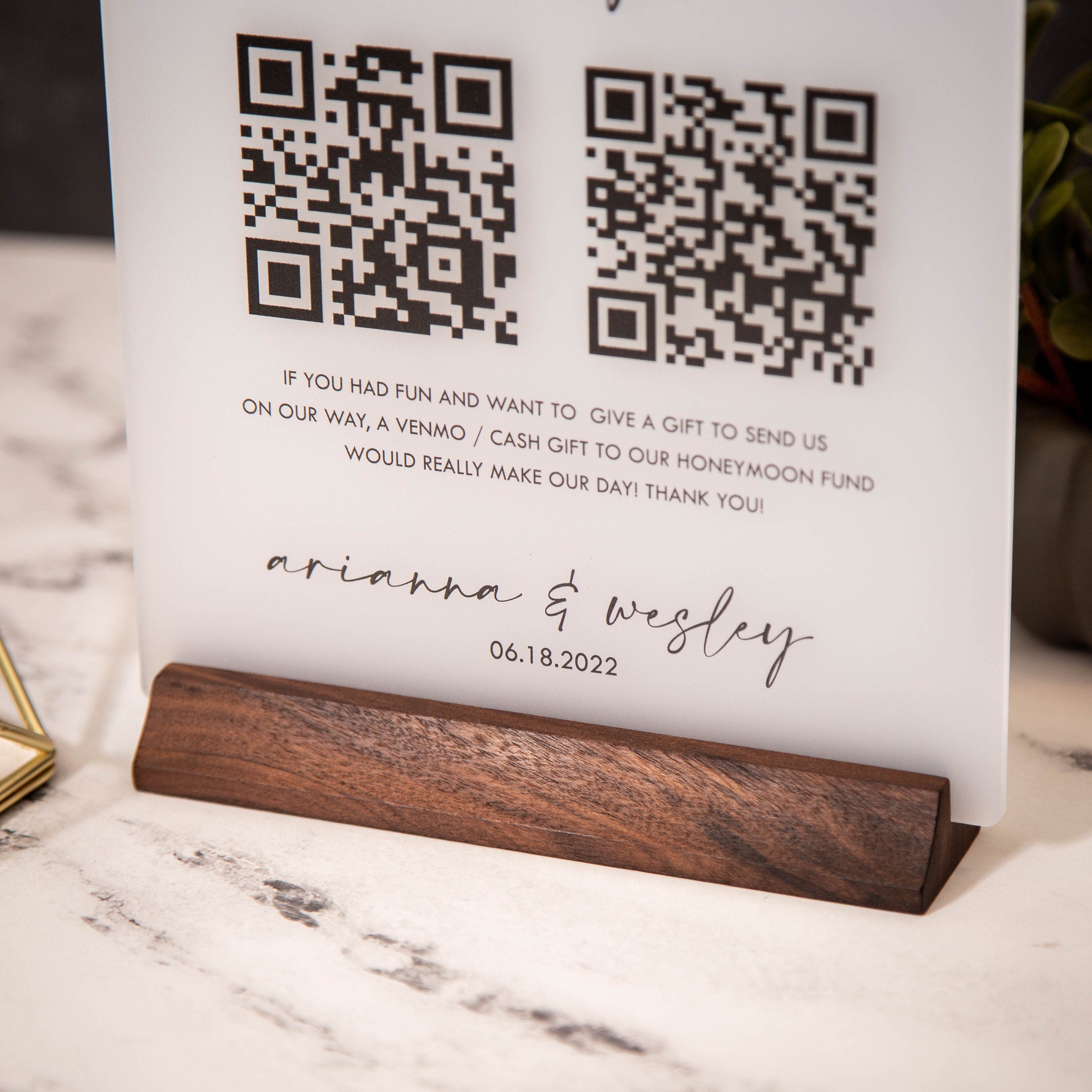Honeymoon Fund QR Sign with Wood Stand