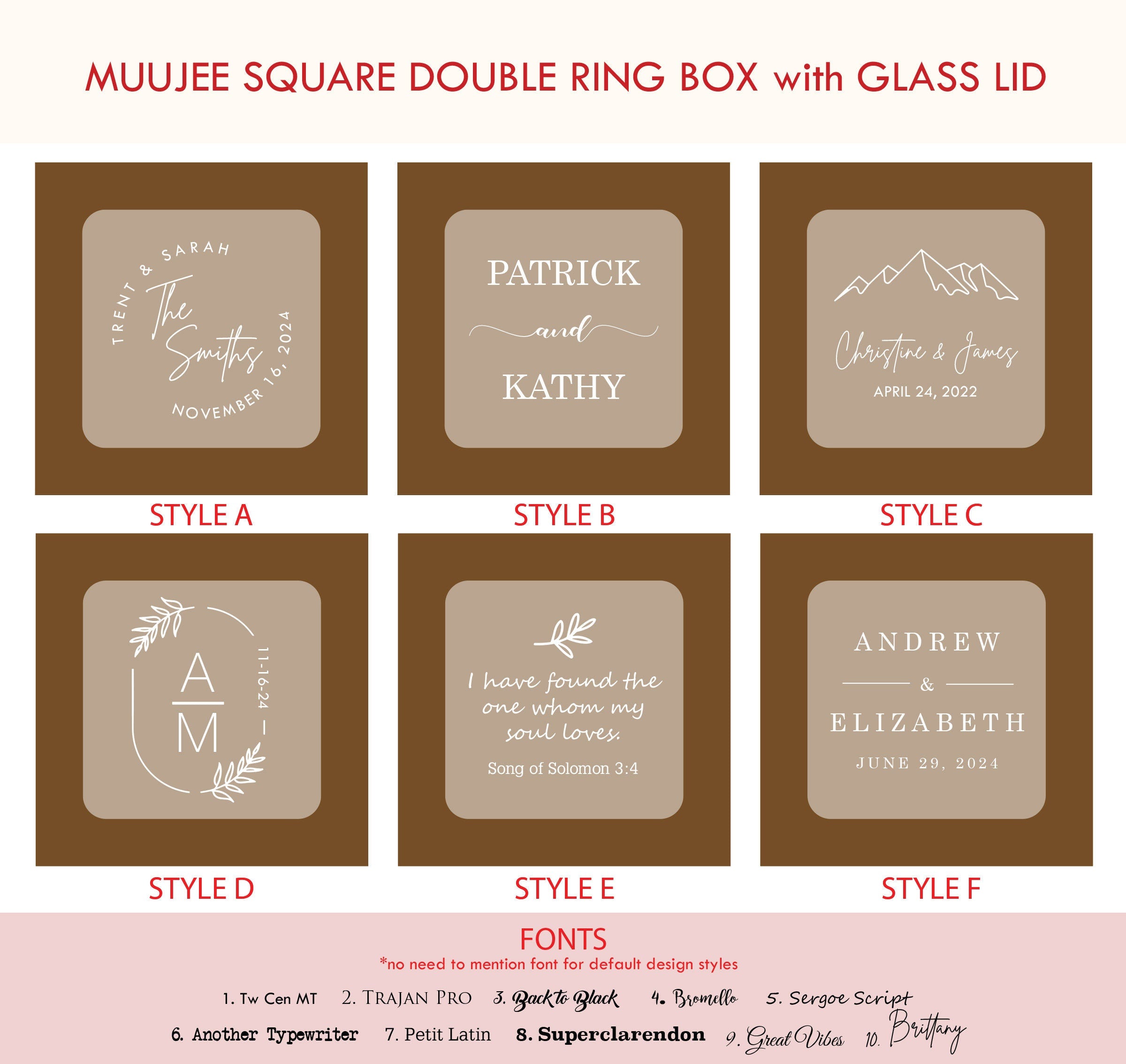 Square Double Ring Box with Glass Lid
