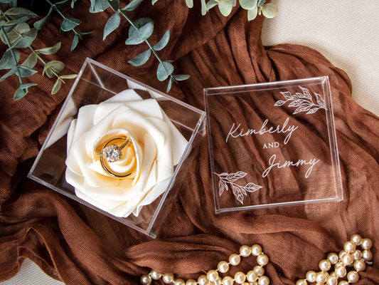 Acrylic Cube Ring Box with Rose Ring Holder - Etched Clear Wedding Ring Bearer Box Personalized Unique Proposal Engagement Ring Display