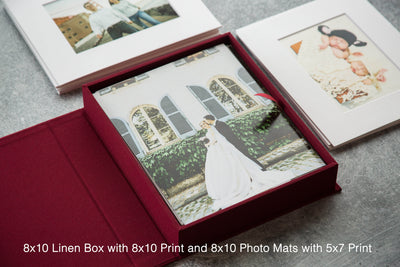 8x10 Embossed Linen Photo Box - Optional Photo Mats For 5x7 Prints, Wedding or Family Photography Gift, Boudoir Session, Coffee Table Box