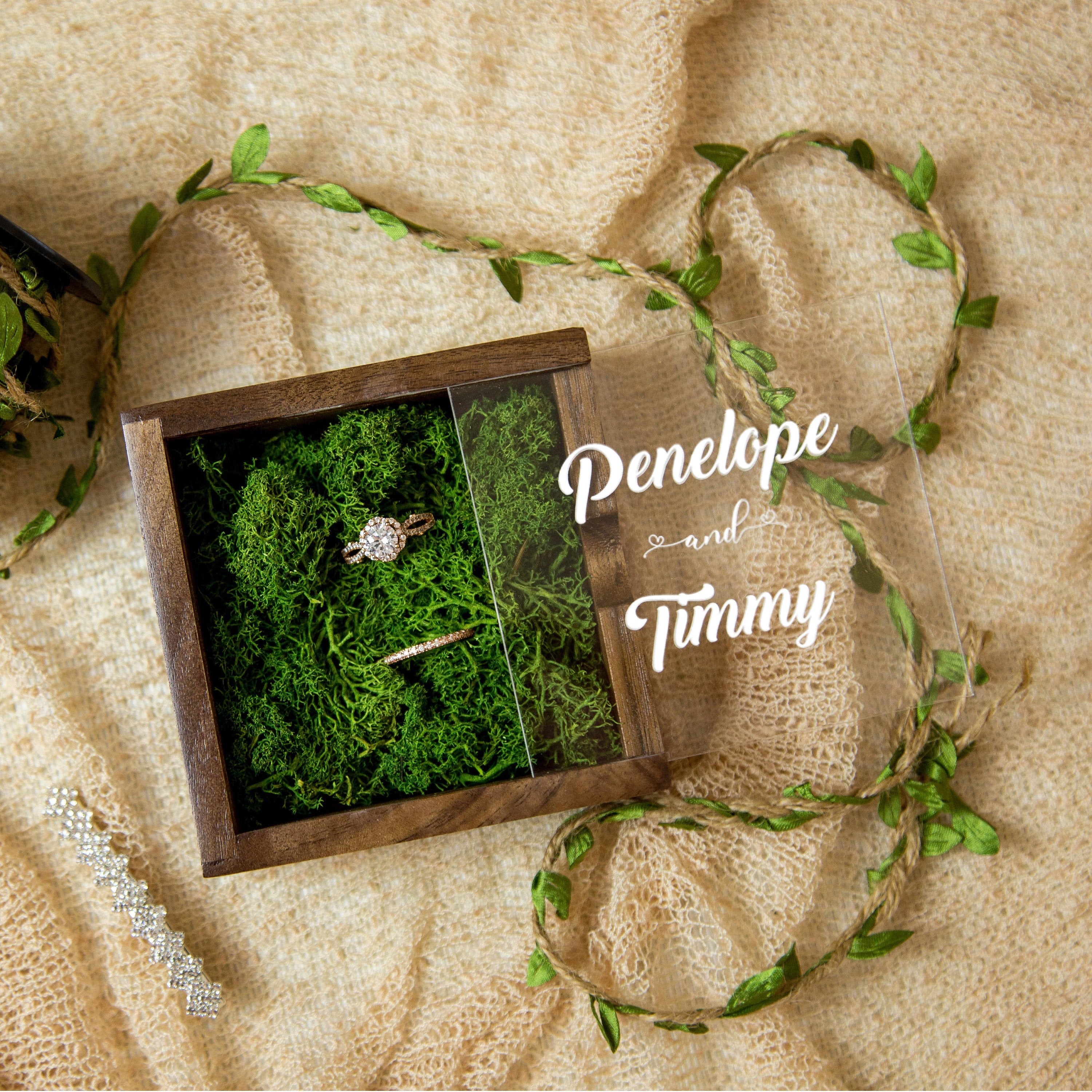 Square Ring Bearer Box with Clear Lid and Moss