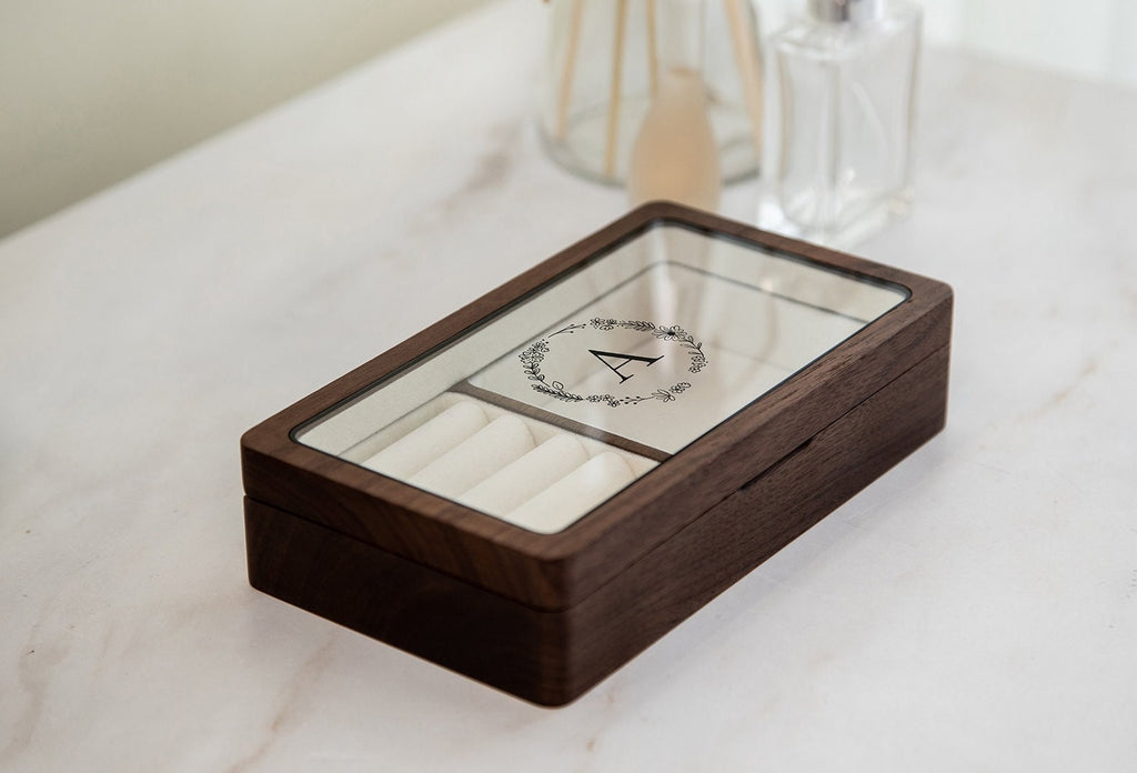 Wood Jewelry Box w/ Glass Lid (Design 1 Black)