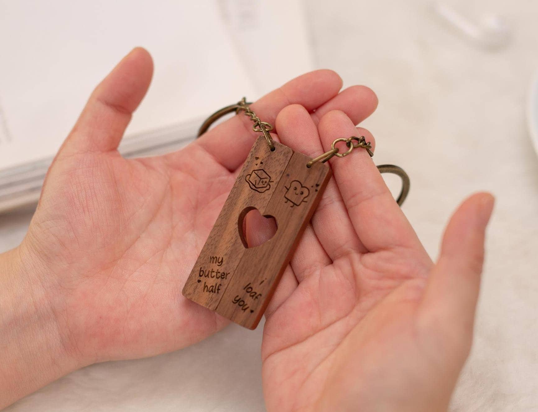 Engraved Heart Keychain Sets - I Loaf You My Butter Half Matching Set