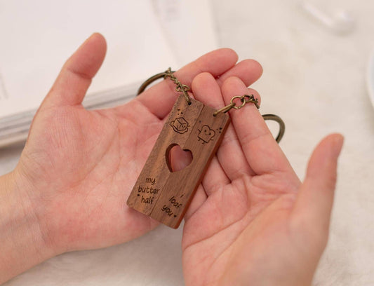 Engraved Heart Keychain Sets - I Loaf You My Butter Half Matching Set of 2 Split Heart Wooden Key Rings with Magnets, Shareable Keychains
