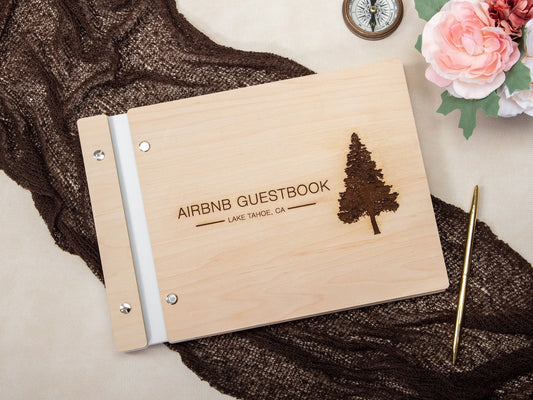 Engraved Premium Wood Guest Book with Tree Design - Vacation Airbnb Home Rental Essential Rustic Guest Journal Business Gift for Home Owners