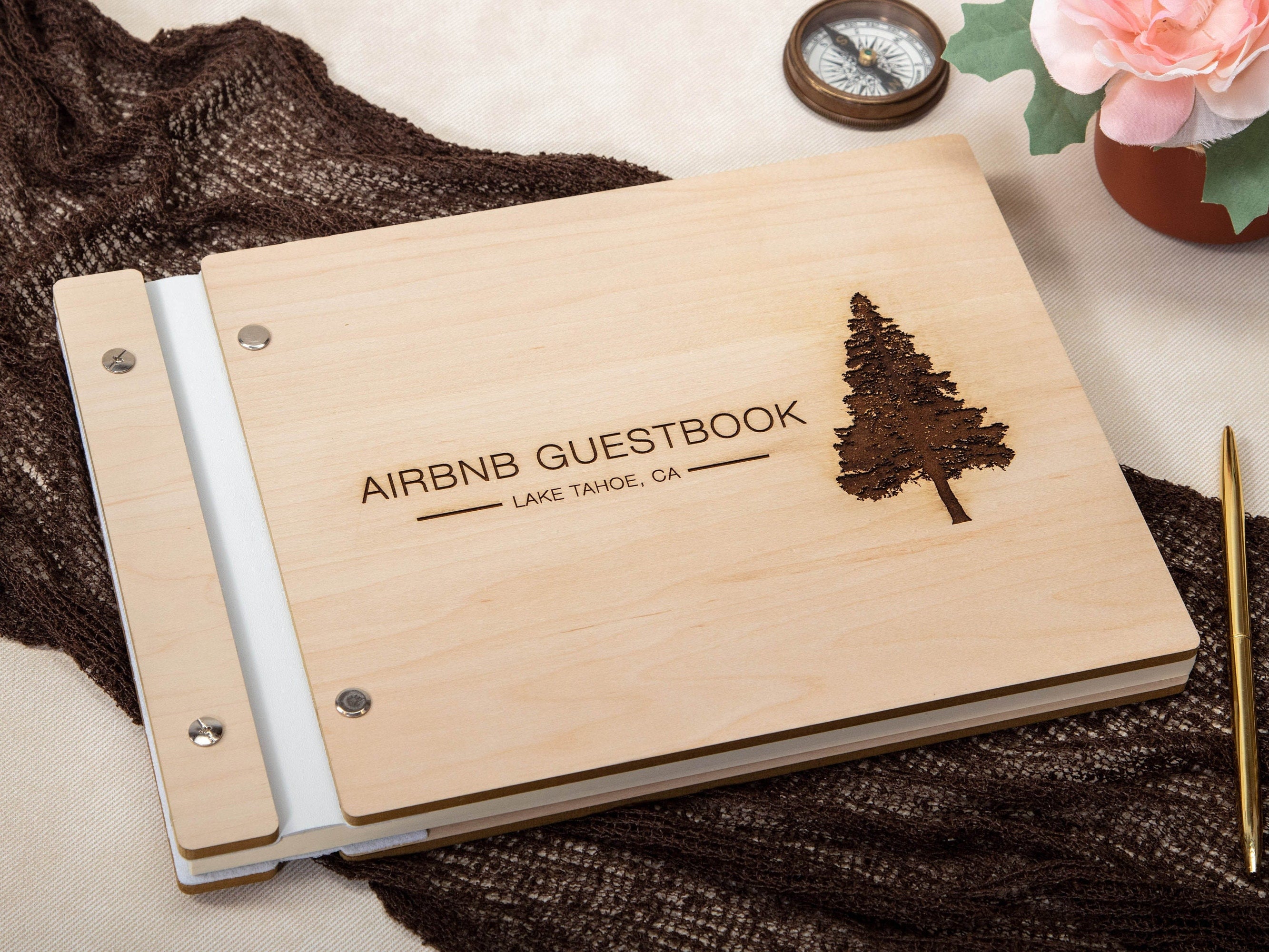 Engraved Premium Wood Guest Book with Tree Design