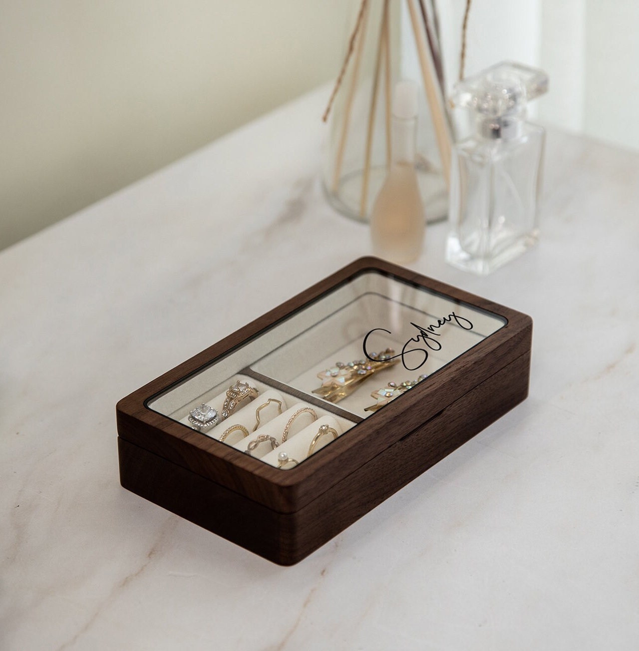 Wood Jewelry Box w/ Glass Lid (Design 5 Black) - Personalized Women's Ring Earrings Bracelet Necklace Case Storage Holder Cute Birthday Gift