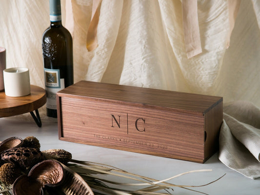 Wood Wine Box (Design 12) - Walnut or Pine Box for Wine Champagne Holder, Romantic Gift for Husband Wife, Unique Gift for Him Honeymoon Gift