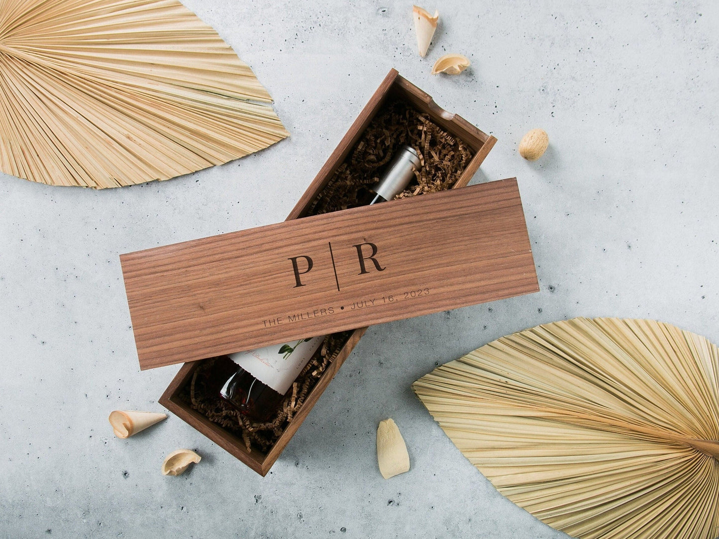 Wood Wine Box (Design 12) - Walnut or Pine Box for Wine Champagne Holder, Romantic Gift for Husband Wife, Unique Gift for Him Honeymoon Gift