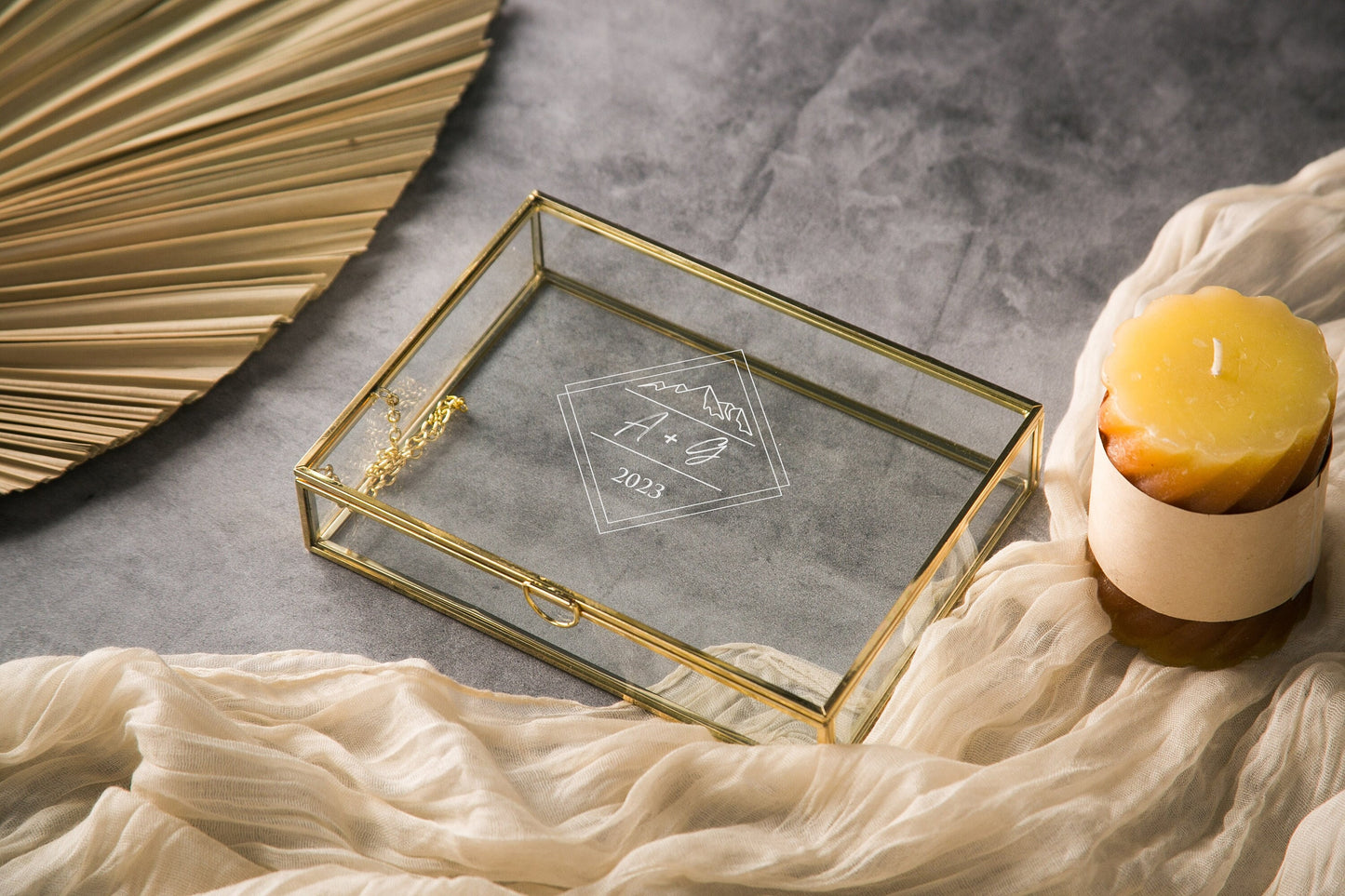 5x7" Gold Glass Photo Box - Clear Travel Adventure Memory Keepsake Box w/ Optional Photo Mats Wedding Engagement Gift for Couple Bride Groom