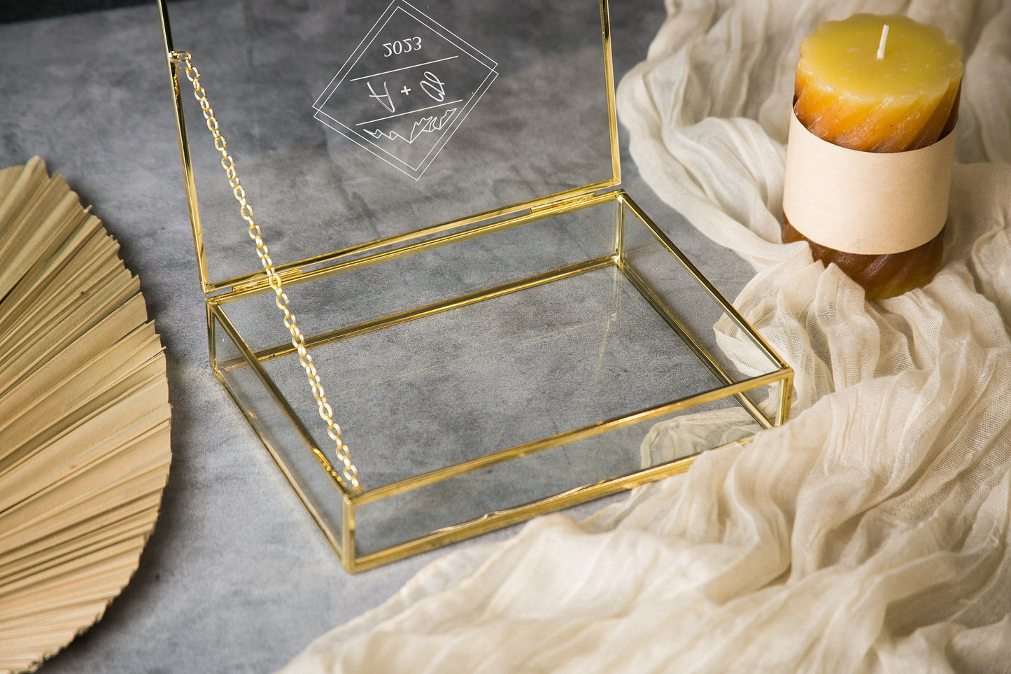 5x7" Gold Glass Photo Box - Clear Travel Adventure Memory Keepsake Box w/ Optional Photo Mats Wedding Engagement Gift for Couple Bride Groom