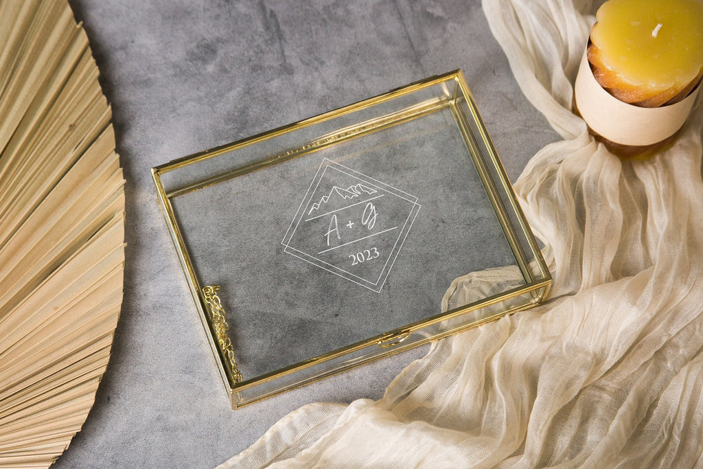 5x7" Gold Glass Photo Box - Clear Travel Adventure Memory Keepsake Box