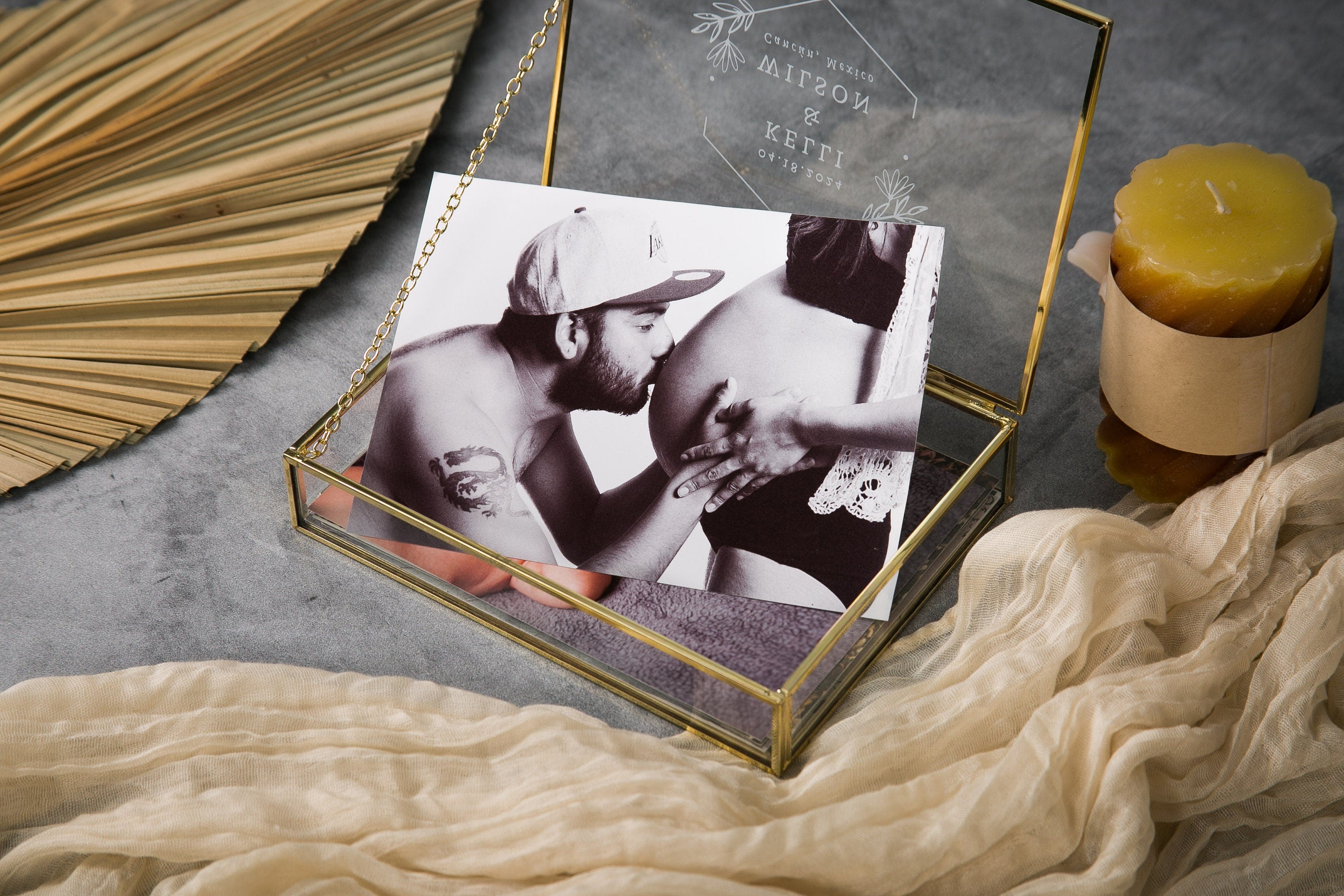 5x7" Gold Glass Photo Box - Baby Picture Keepsake Box