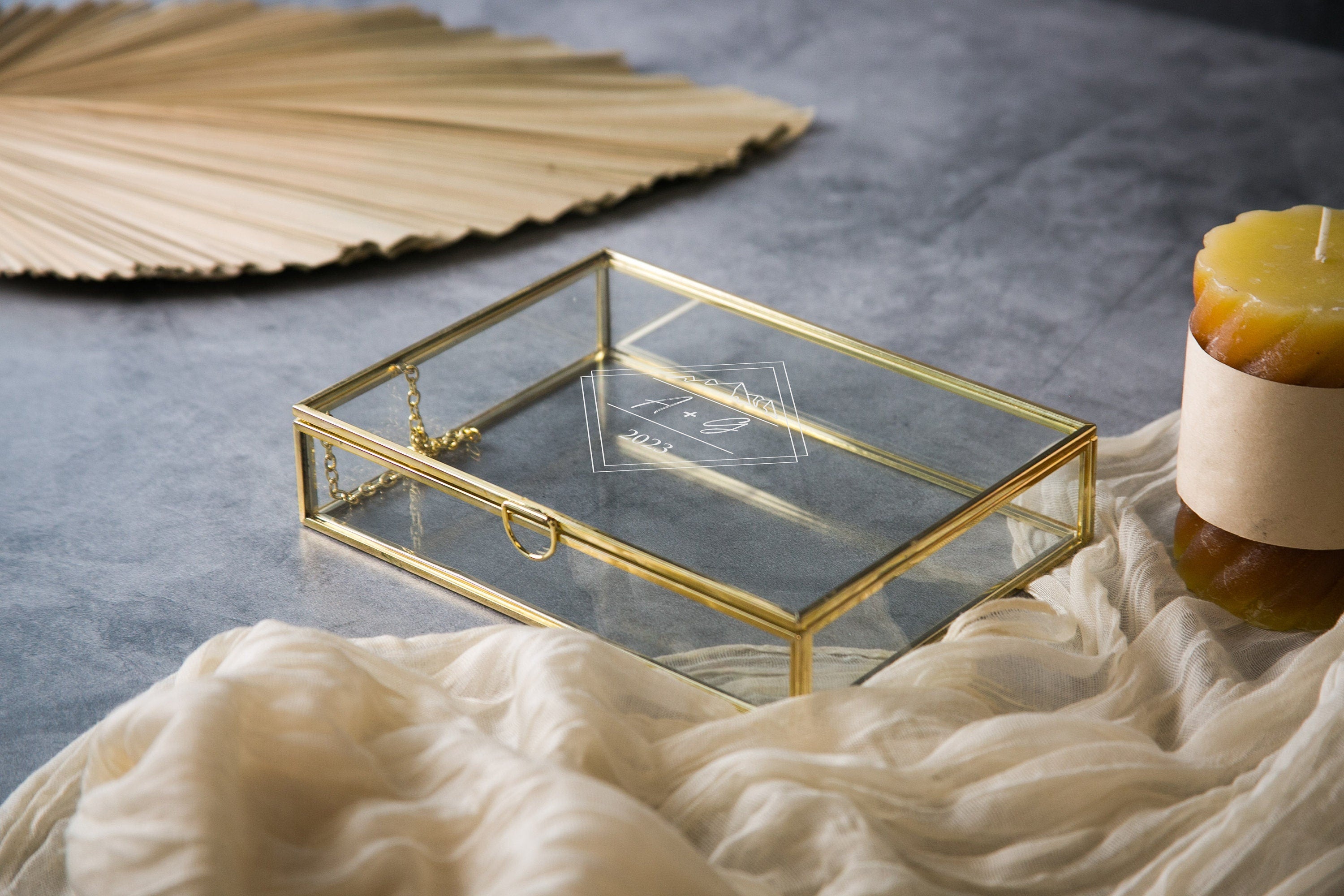 5x7" Gold Glass Photo Box - Clear Travel Adventure Memory Keepsake Box