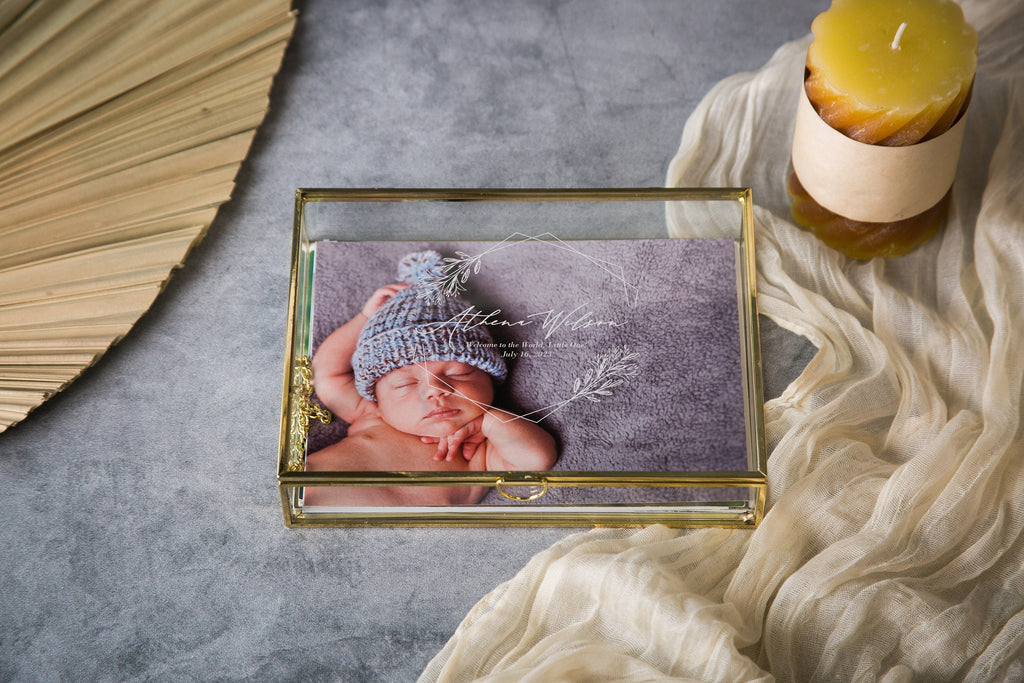 5x7" Gold Glass Photo Box - Baby Picture Keepsake Box