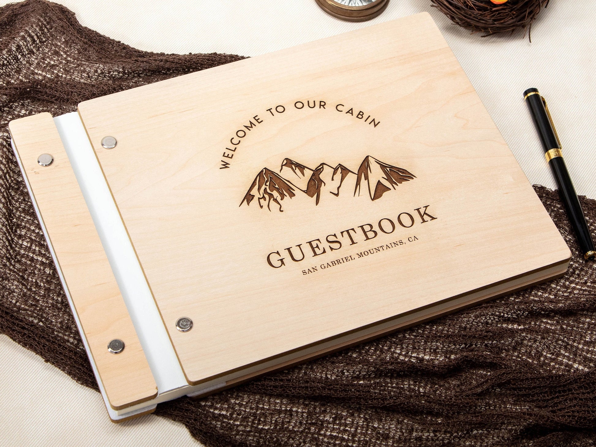 Engraved Premium Wood Guest Book with Mountain Design - Rustic Beach Cabin Guestbook Airbnb Vrbo Vacation Rental Guest Log Home Signing Book