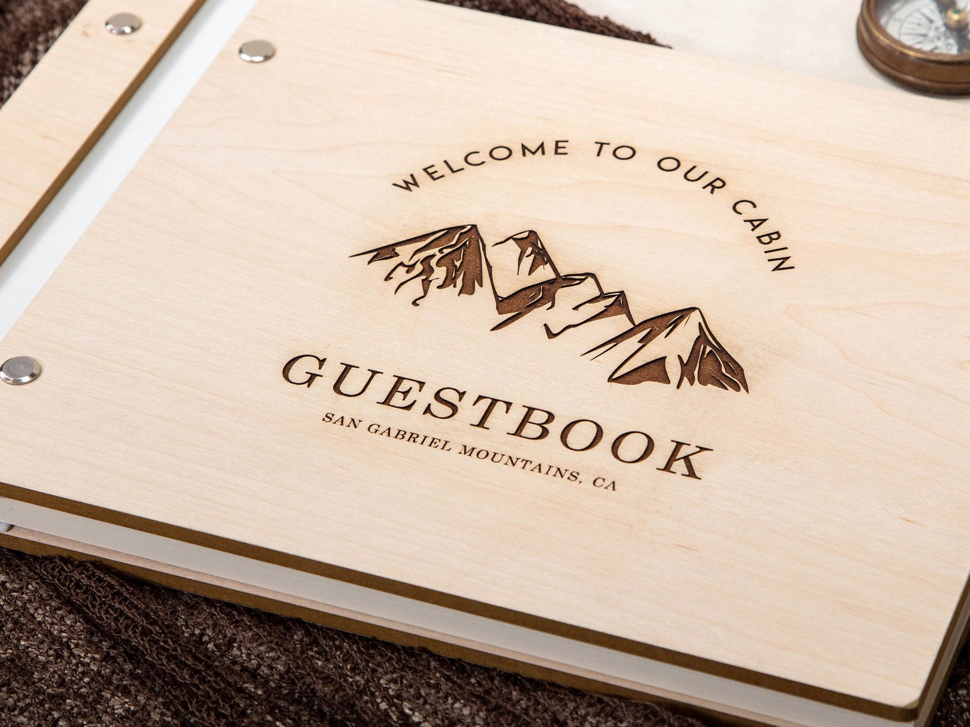 Engraved Premium Wood Guest Book with Mountain Design - Rustic Beach Cabin Guestbook Airbnb Vrbo Vacation Rental Guest Log Home Signing Book