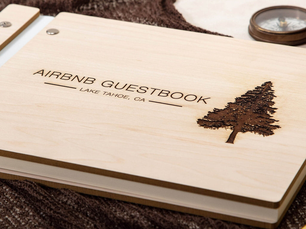 Engraved Premium Wood Guest Book with Tree Design - Vacation Airbnb Home Rental Essential Rustic Guest Journal Business Gift for Home Owners