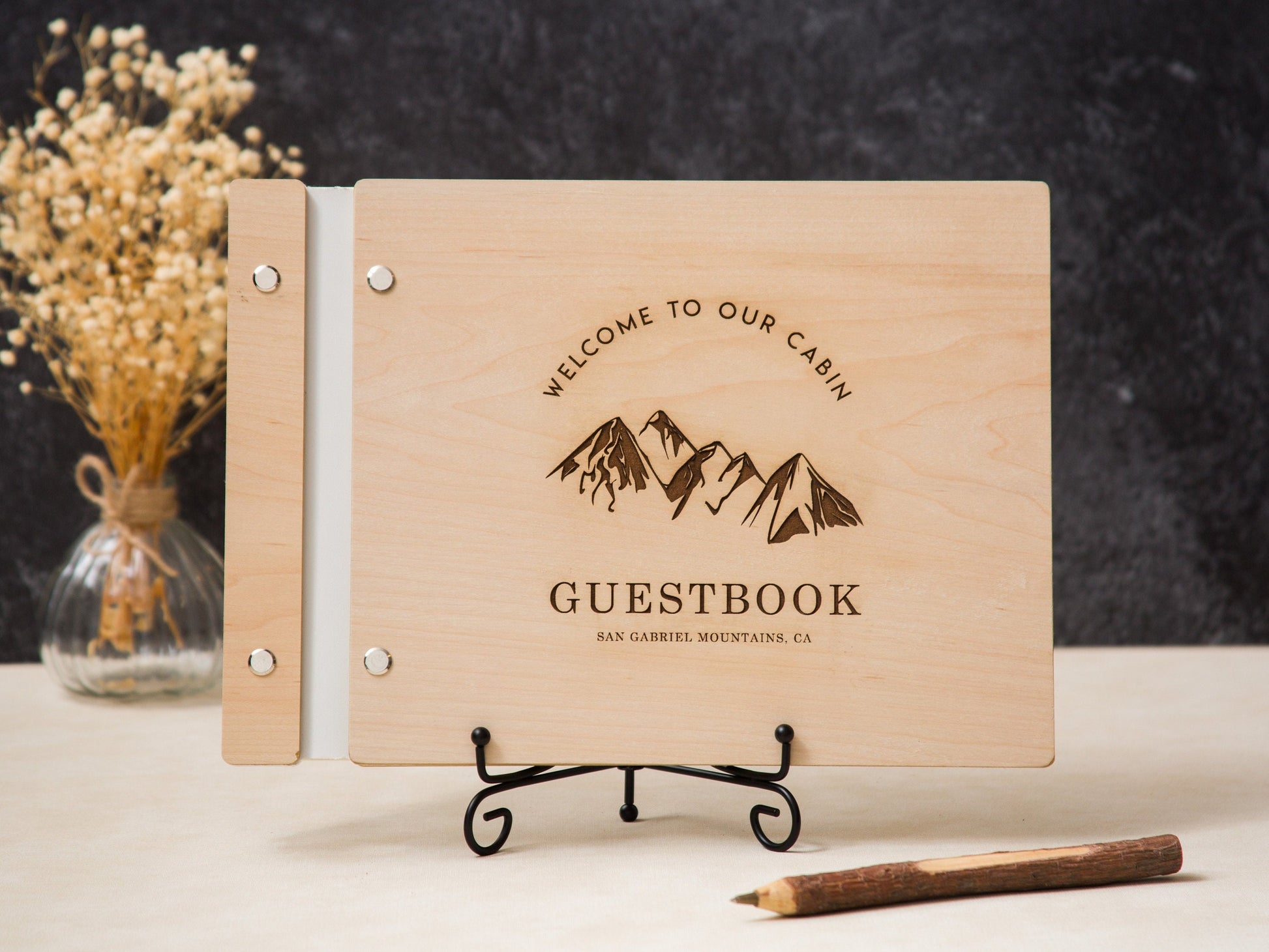 Engraved Premium Wood Guest Book with Mountain Design - Rustic Beach Cabin Guestbook Airbnb Vrbo Vacation Rental Guest Log Home Signing Book