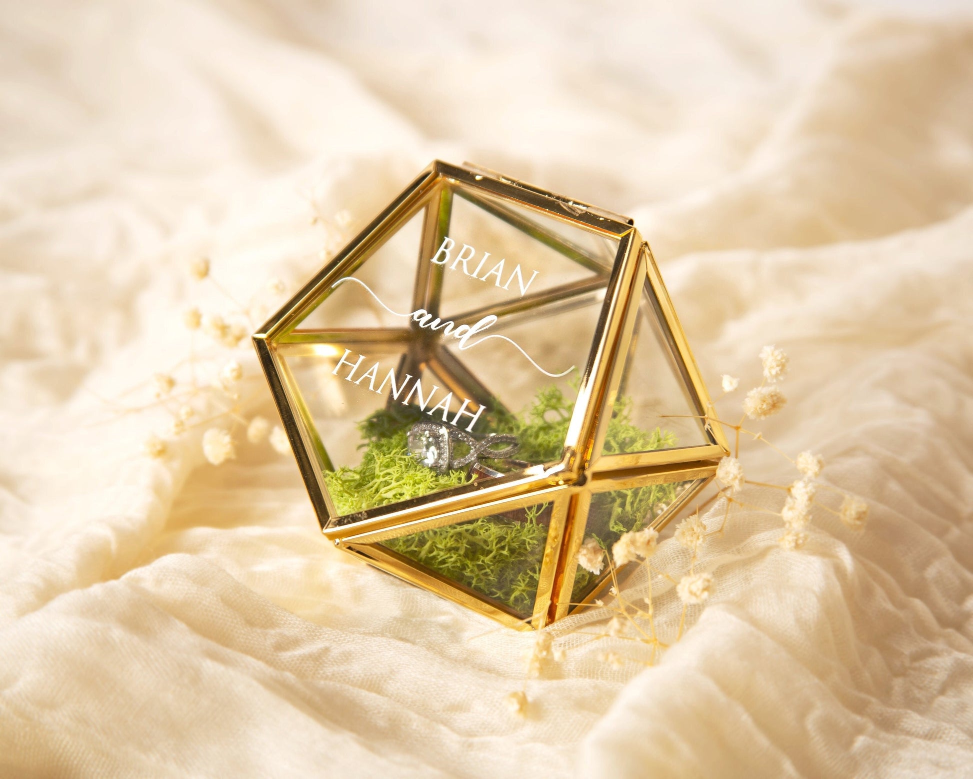 Geometric Glass Ring Box with Moss - Rose Gold or Gold - Personalized Ring Box for Wedding Ceremony, Ring Bearer Pillow Alternative