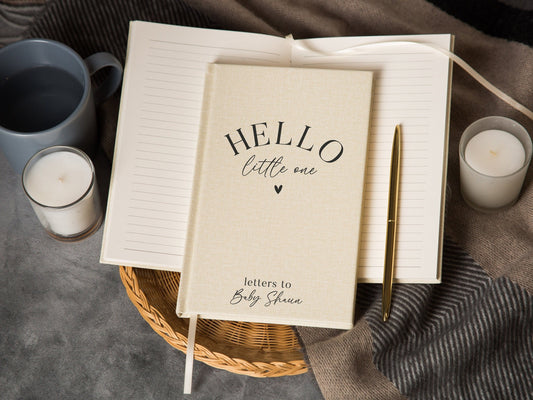 Hello Little One Lined Notebook - Personalized Hard Cover book for Custom Journal Baby Shower Return Gift for New Mom Dad Parent First B-day