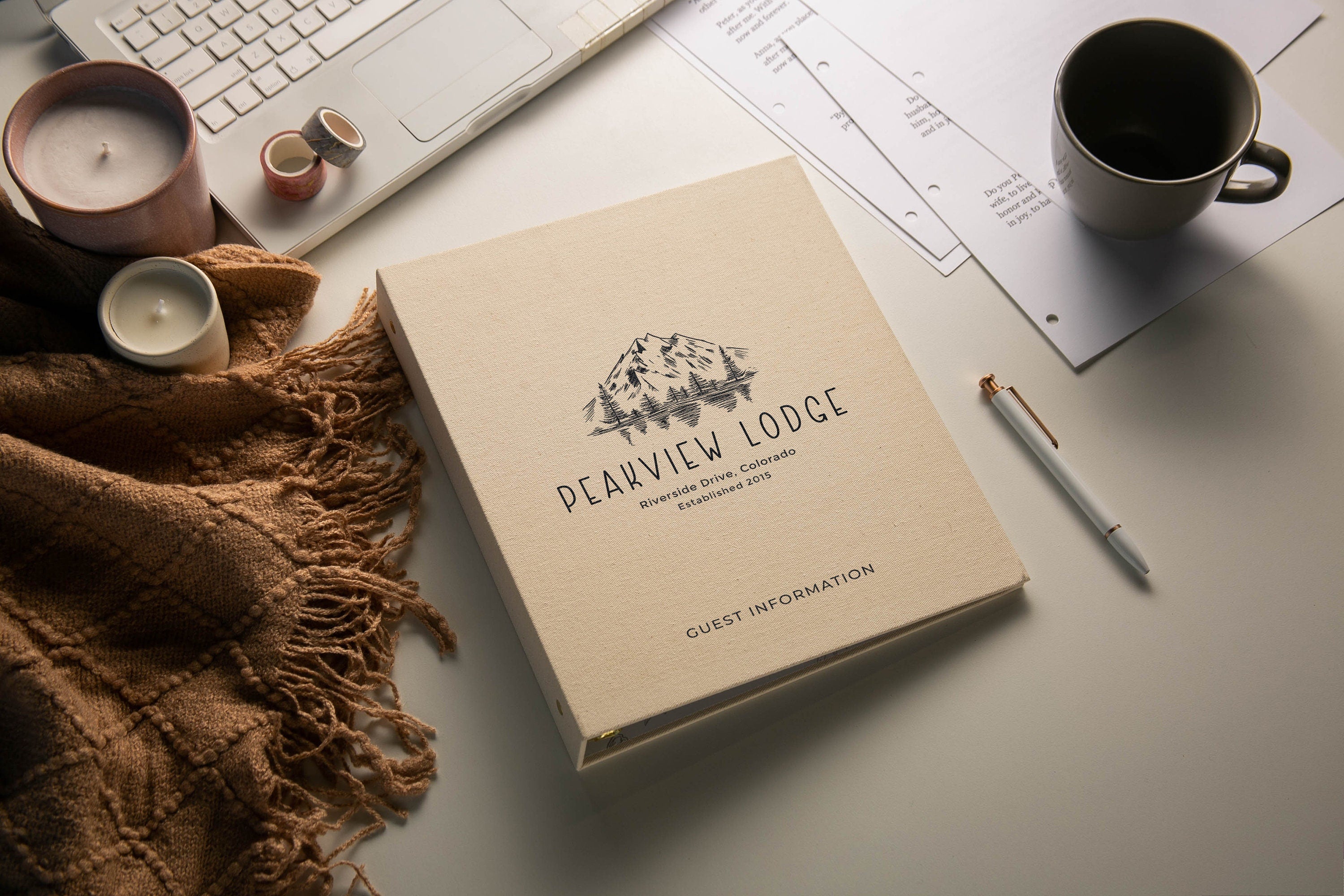 Rental 3 Ring Linen Binder (Design 3) - Refillable Welcome Book, DIY Blank Binder, Guest Information Airbnb Cabin, Rental Guestbook