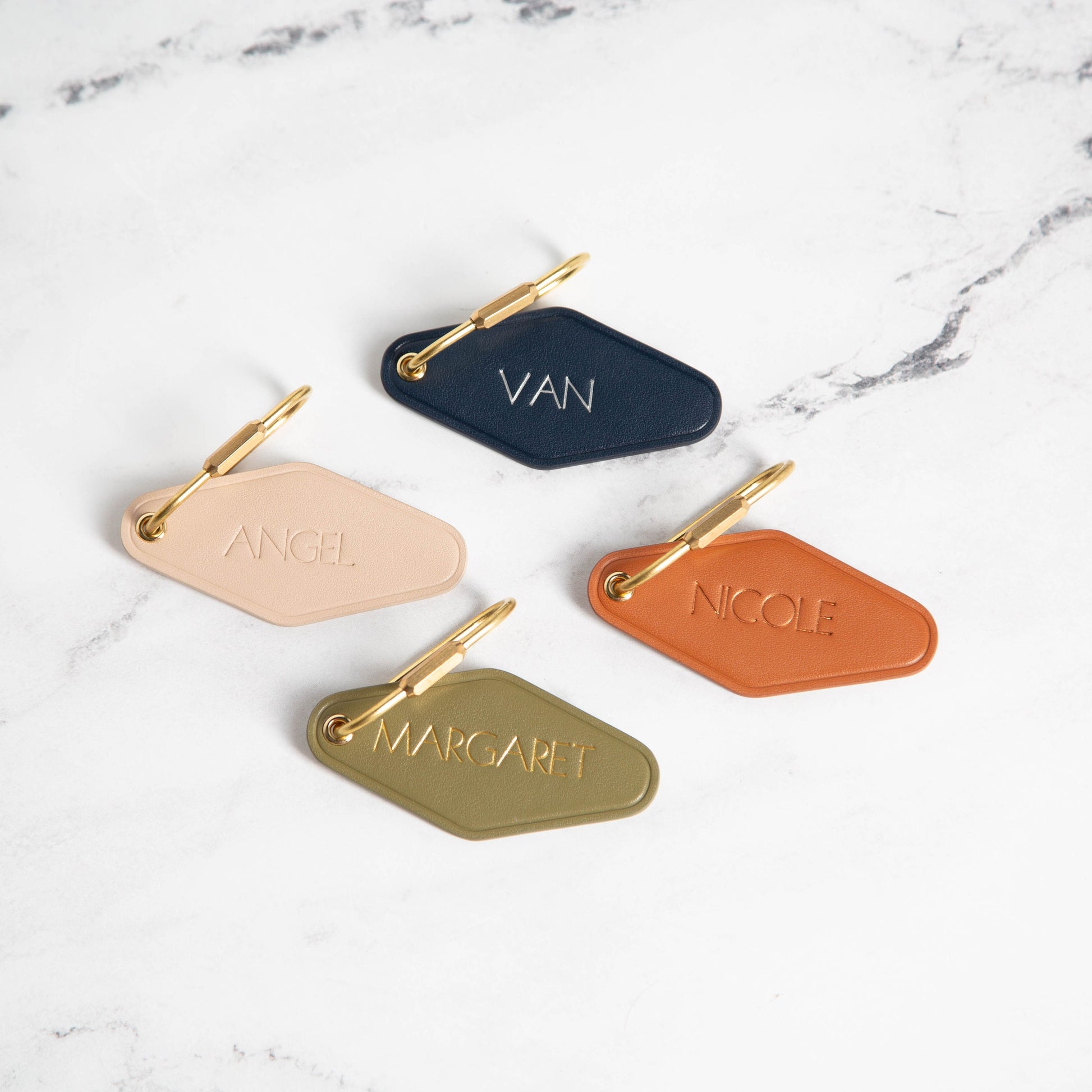 Embossed Diamond Leather Keychain (Name) - Modern Luxury Key Chain FOB, Travel Luggage Bag Tag, Vintage Style Hotel Motel Office Keys Ring