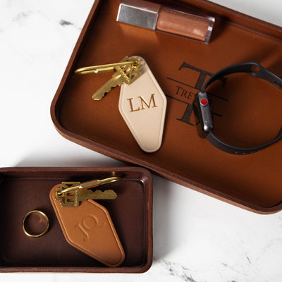 Embossed Diamond Leather Keychain (Initials) - Modern Key Rings, Custom Monogrammed Vintage Style Personalized Hotel Motel Office Key Chains