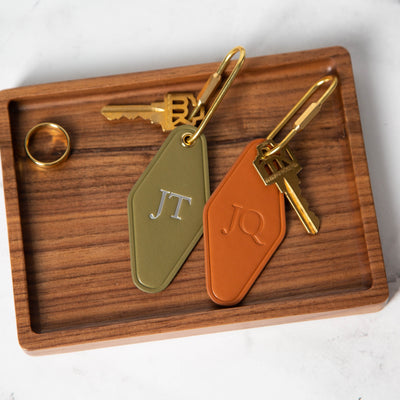 Embossed Diamond Leather Keychain (Initials) - Modern Key Rings, Custom Monogrammed Vintage Style Personalized Hotel Motel Office Key Chains