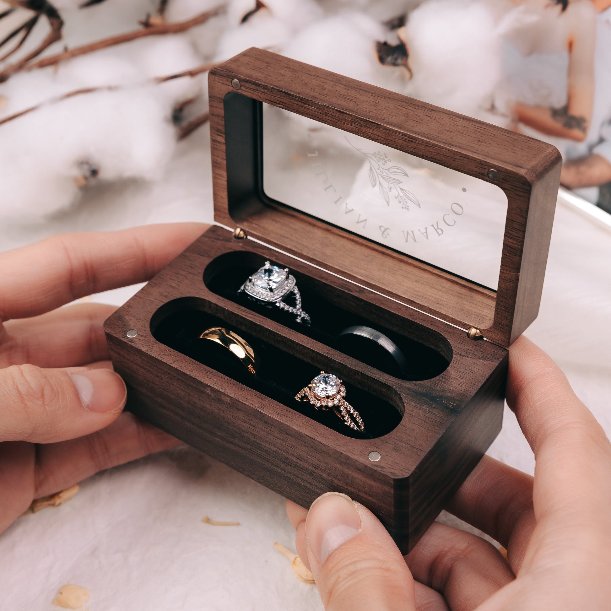 Quad Wood Ring Box w/ Glass Lid - Wide Wood Personalized Four Slot Engagement Wedding Ring Bearer Box Romantic Unique Marriage Proposal Prep
