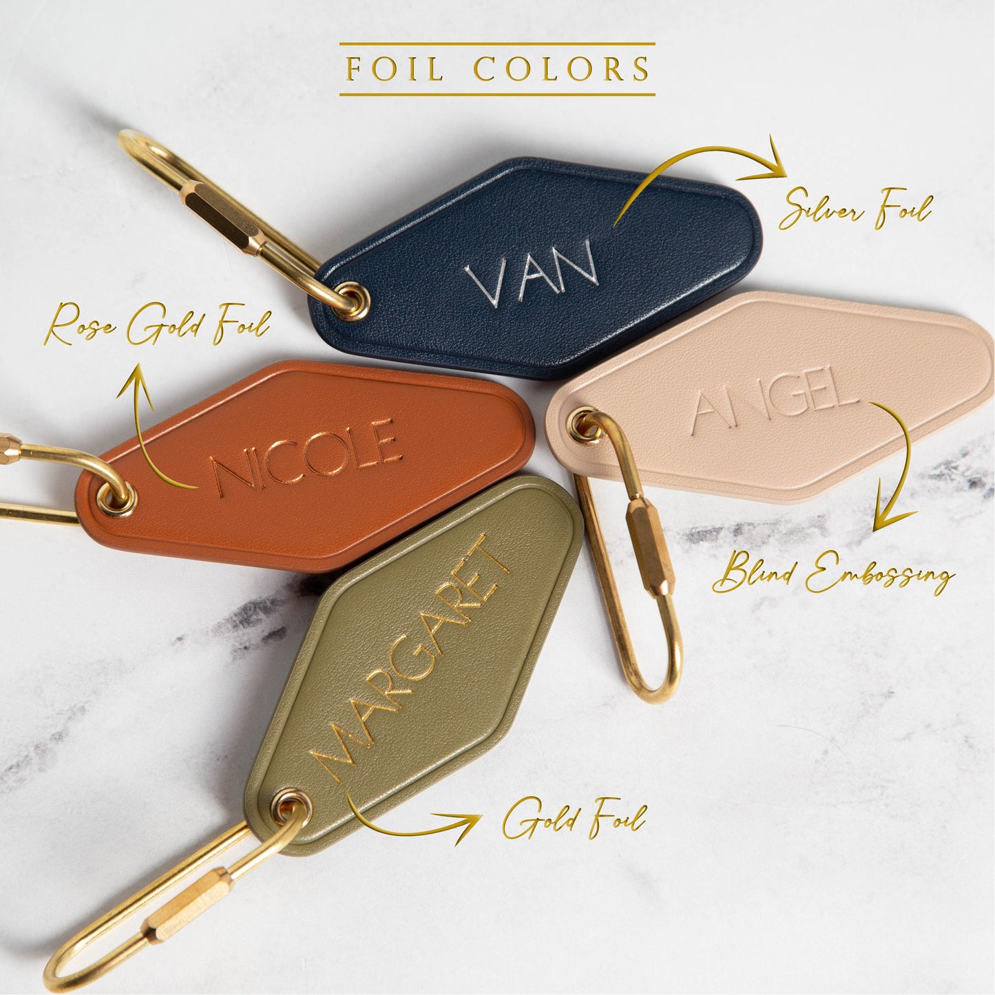 Embossed Diamond Leather Keychain (Name) - Modern Luxury Key Chain FOB, Travel Luggage Bag Tag, Vintage Style Hotel Motel Office Keys Ring