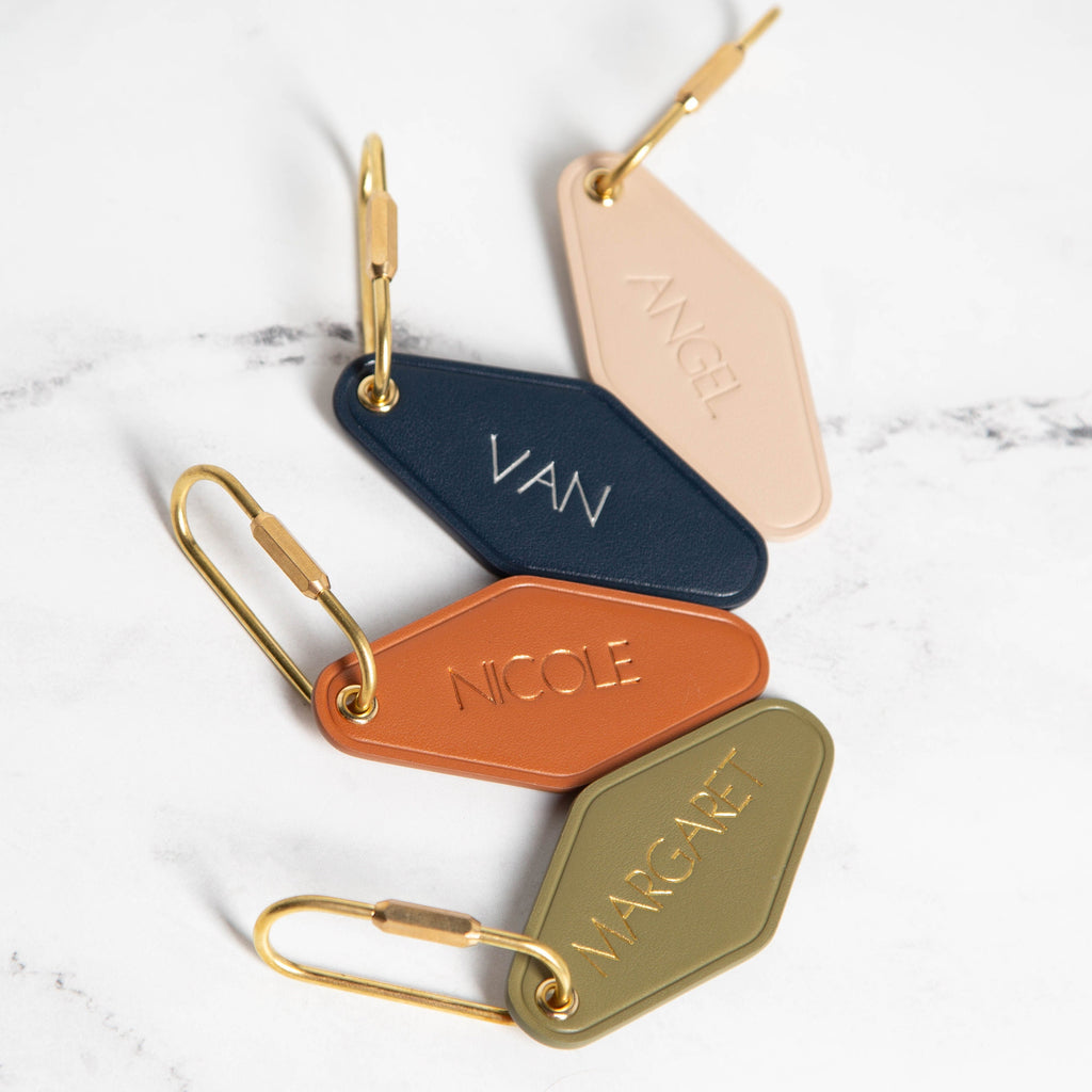 Embossed Name diamond leather keychain w/ tassel - modern luxury key chain fob, travel luggage bag tag, vintage style motel office keys ring