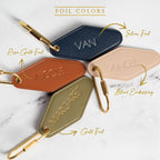 Embossed Name diamond leather keychain w/ tassel - modern luxury key chain fob, travel luggage bag tag, vintage style motel office keys ring