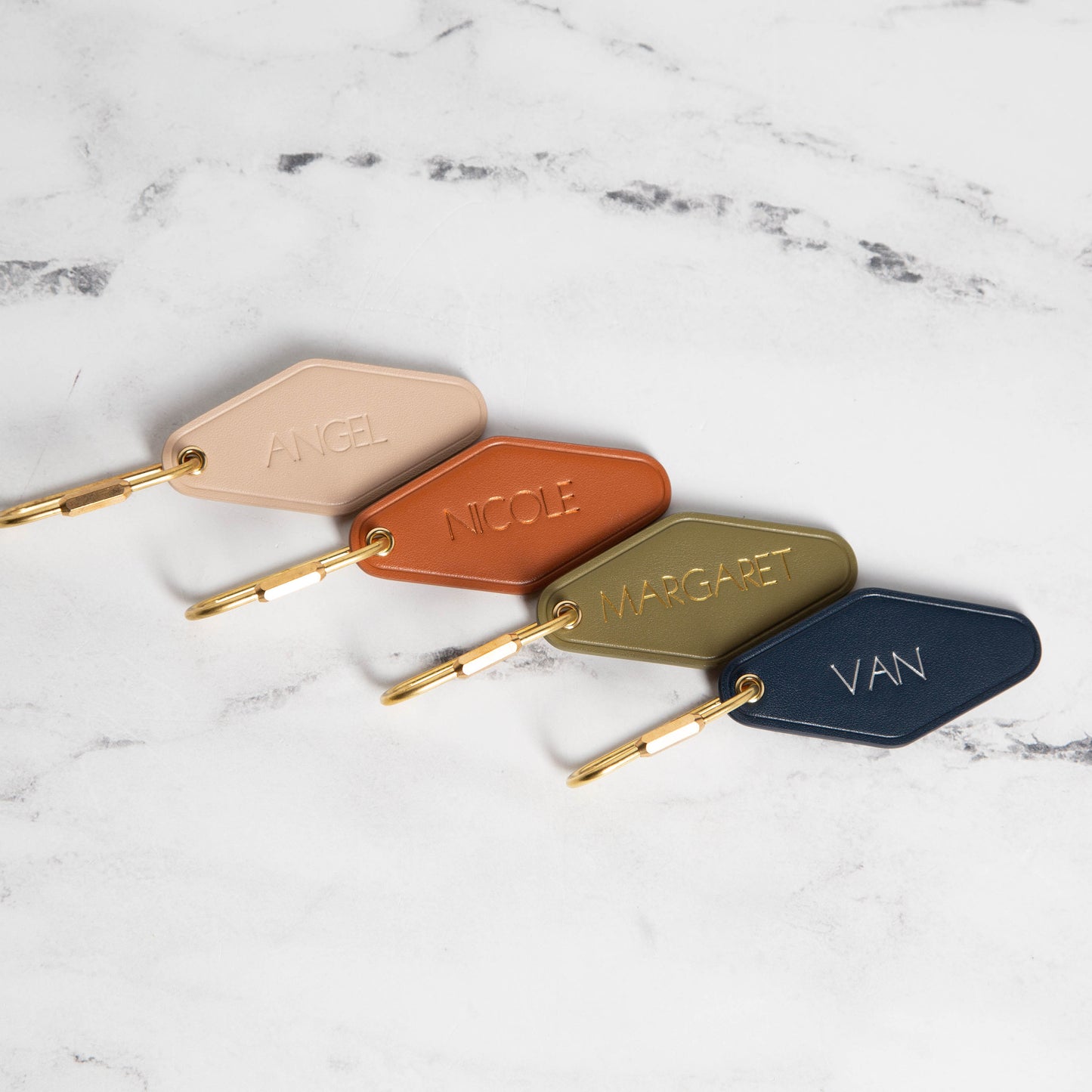 Embossed Diamond Leather Keychain (Name) - Modern Luxury Key Chain FOB, Travel Luggage Bag Tag, Vintage Style Hotel Motel Office Keys Ring