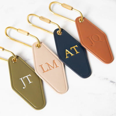 Embossed Diamond Leather Keychain (Initials) - Modern Key Rings, Custom Monogrammed Vintage Style Personalized Hotel Motel Office Key Chains