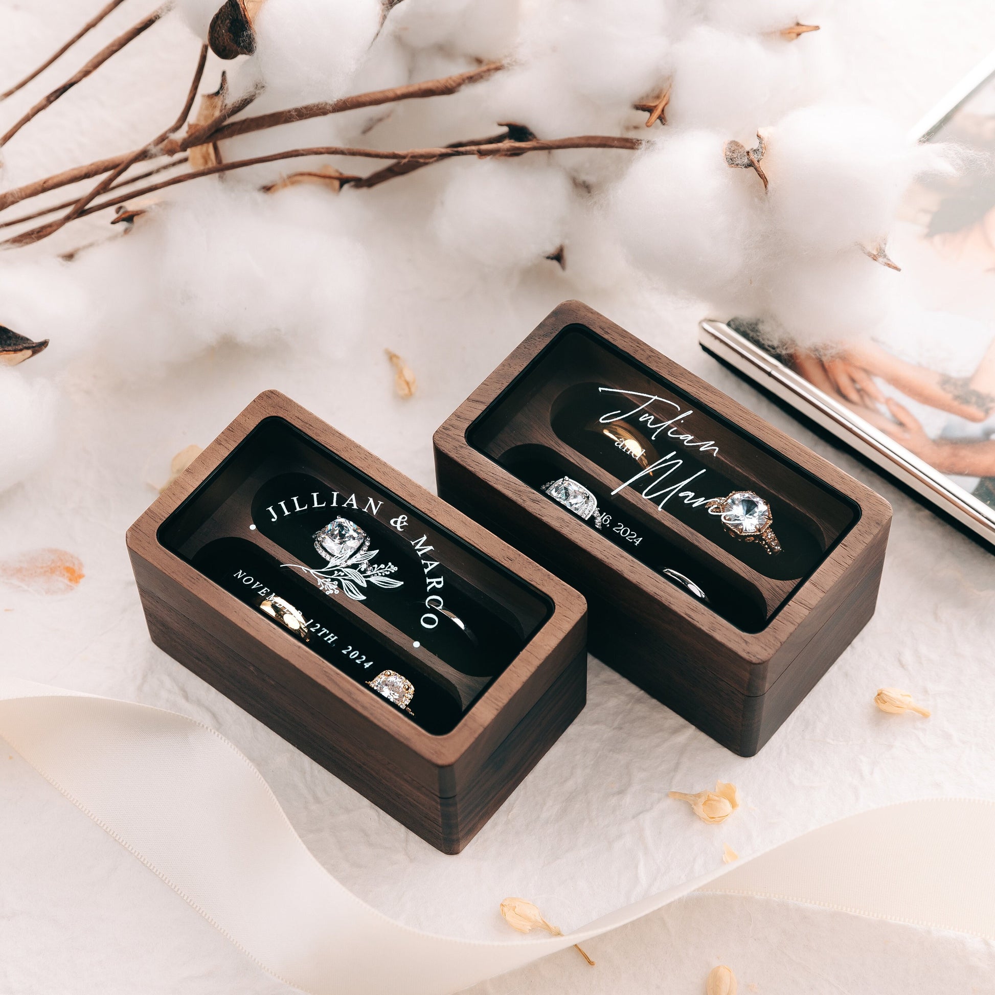 Quad Wood Ring Box w/ Glass Lid - Wide Wood Personalized Four Slot Engagement Wedding Ring Bearer Box Romantic Unique Marriage Proposal Prep