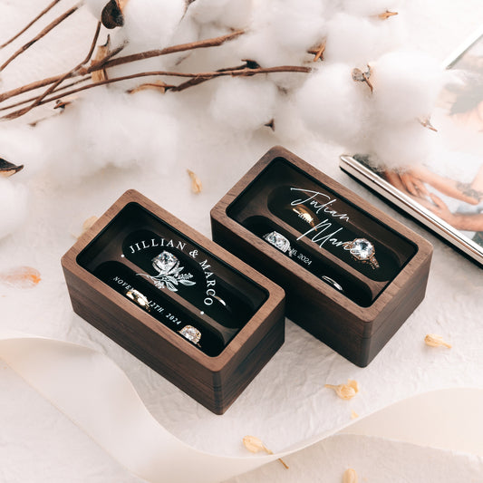 Quad Wood Ring Box w/ Glass Lid - Wide Wood Personalized Four Slot Engagement Wedding Ring Bearer Box Romantic Unique Marriage Proposal Prep