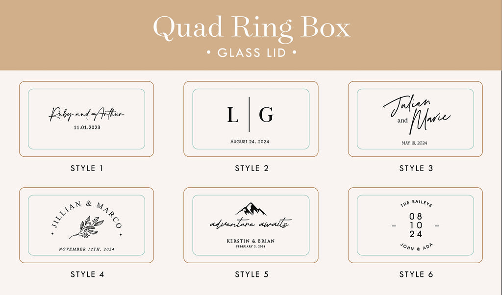 Quad Wood Ring Box w/ Glass Lid - Wide Wood Personalized Four Slot Engagement Wedding Ring Bearer Box Romantic Unique Marriage Proposal Prep