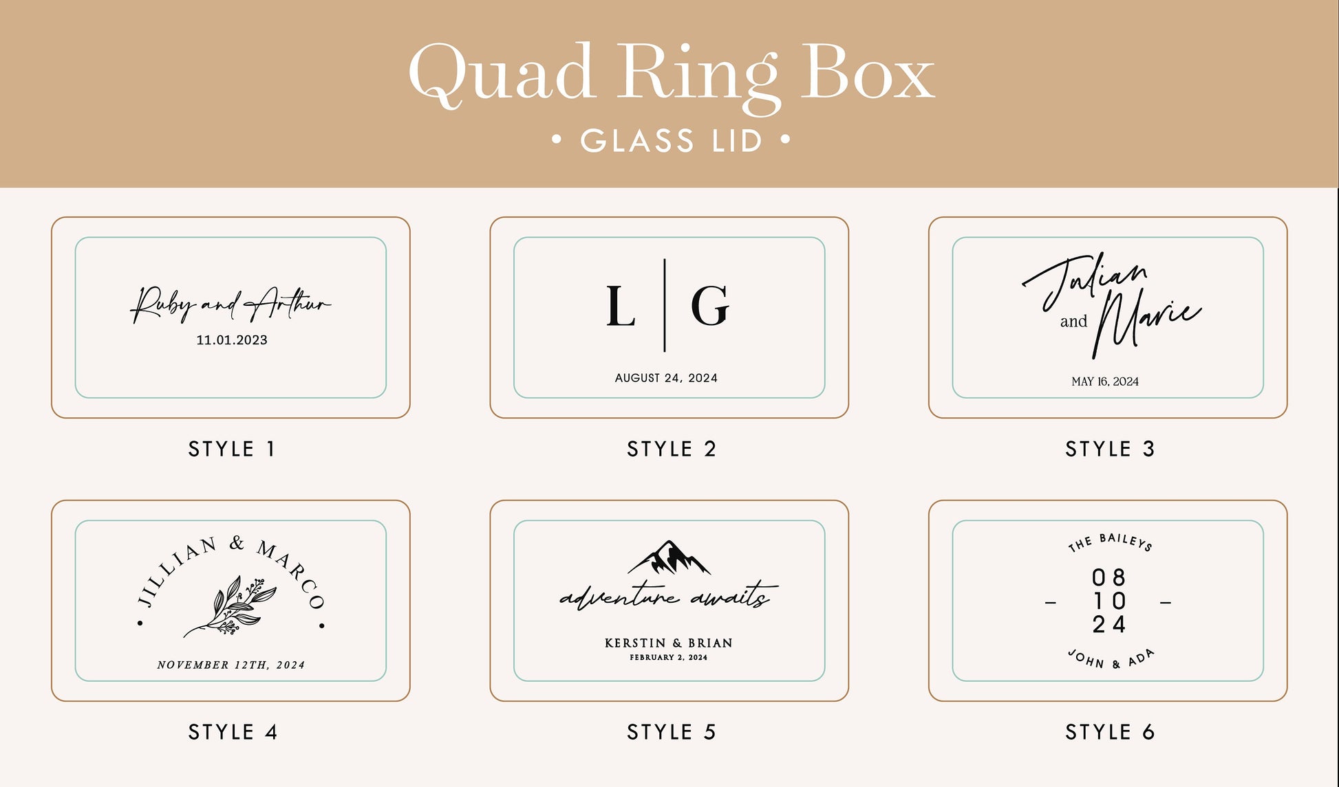 Quad Wood Ring Box w/ Glass Lid - Wide Wood Personalized Four Slot Engagement Wedding Ring Bearer Box Romantic Unique Marriage Proposal Prep