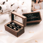 Quad Wood Ring Box w/ Glass Lid - Wide Wood Personalized Four Slot Engagement Wedding Ring Bearer Box Romantic Unique Marriage Proposal Prep