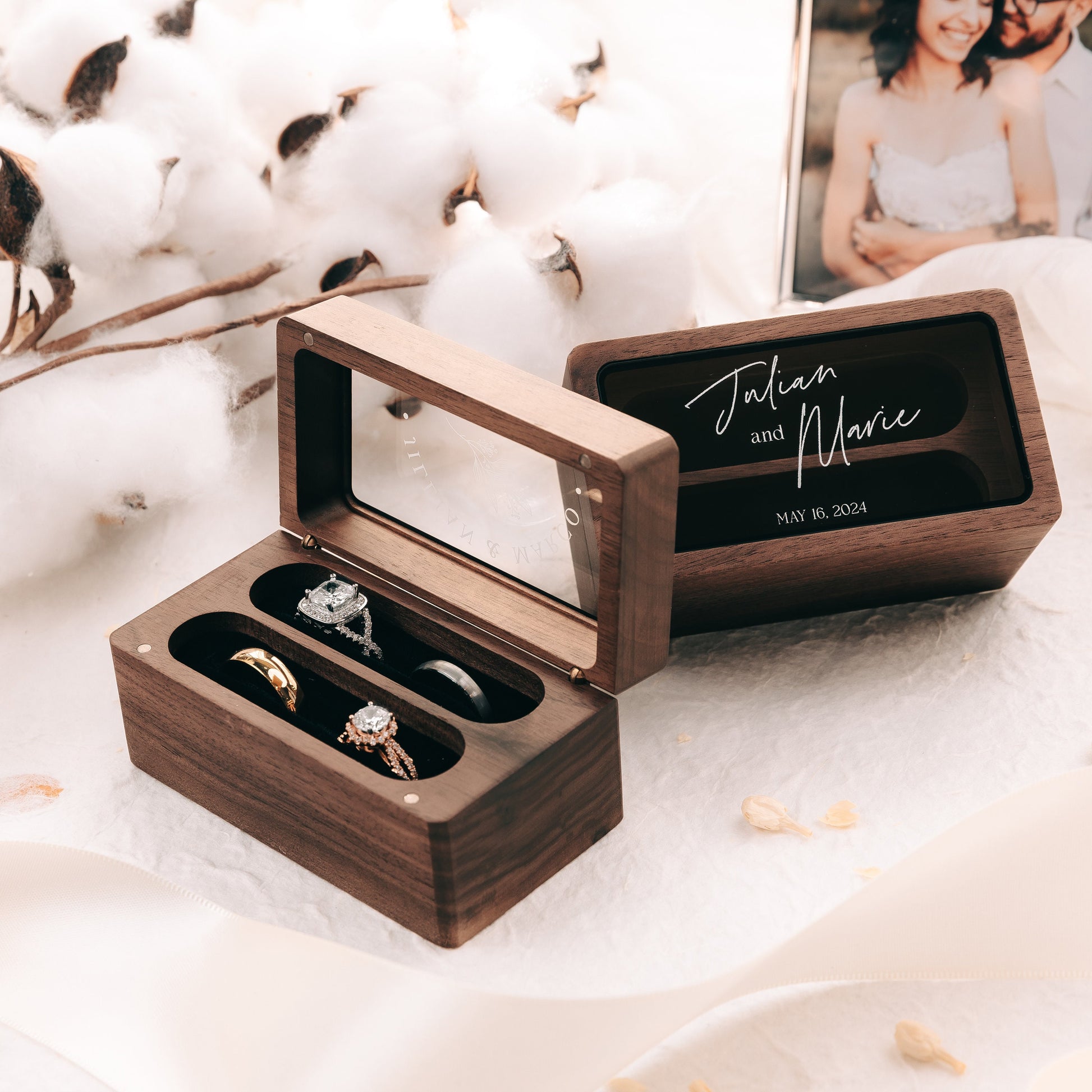 Quad Wood Ring Box w/ Glass Lid - Wide Wood Personalized Four Slot Engagement Wedding Ring Bearer Box Romantic Unique Marriage Proposal Prep