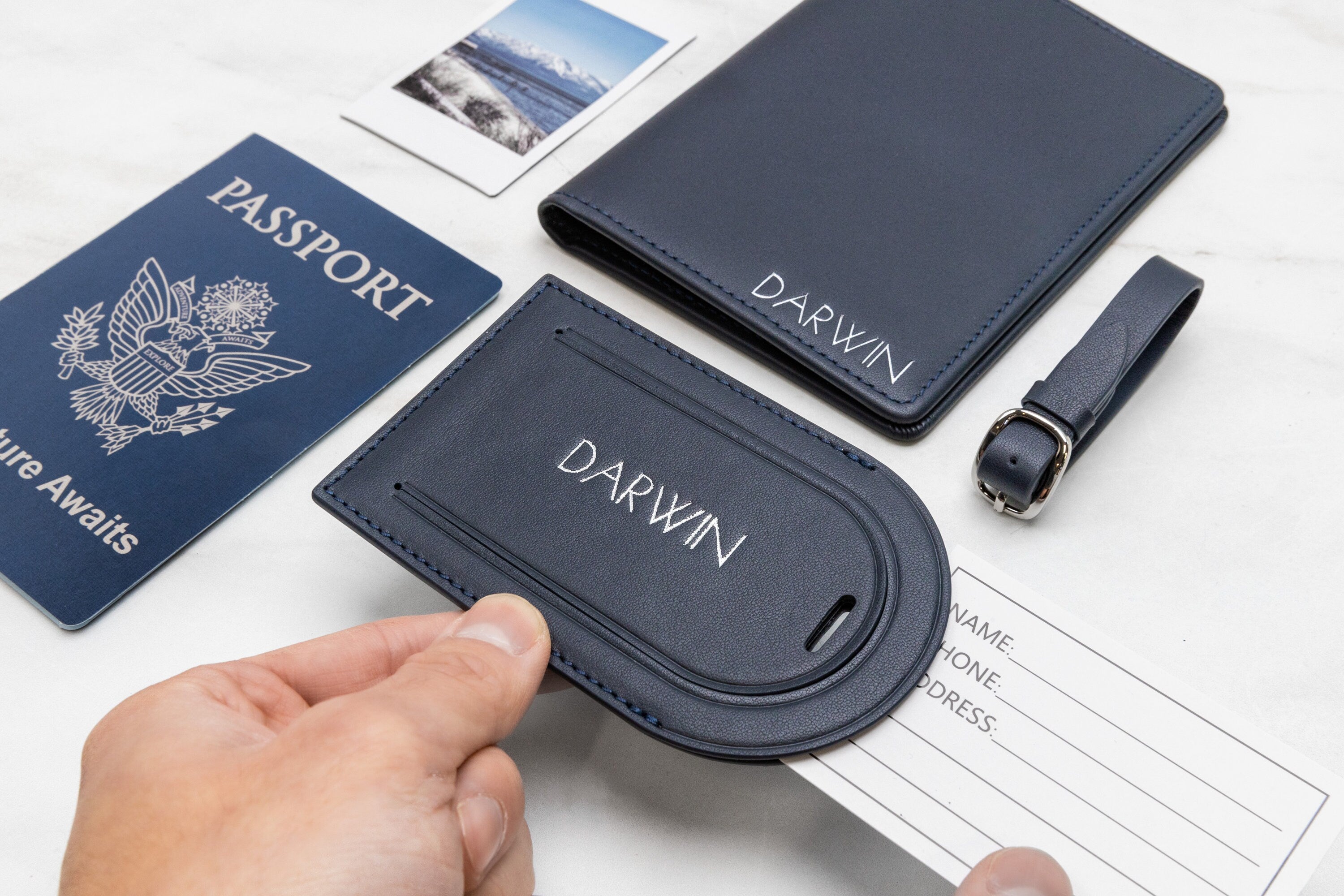 Embossed Leather Passport Holder & Embossed Luggage Tag (SET) - Travel Card Wallet, 3rd Wedding Anniversary Gift, Custom Gift for Family