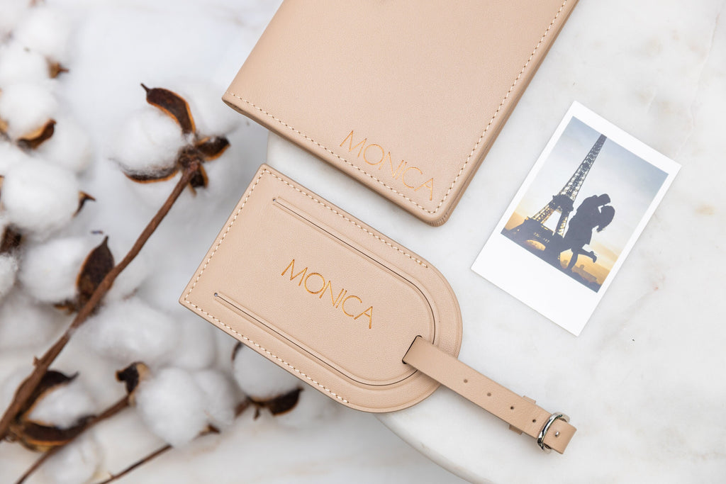 Embossed Leather Passport Holder & Embossed Luggage Tag (SET) - Travel Card Wallet, 3rd Wedding Anniversary Gift, Custom Gift for Family