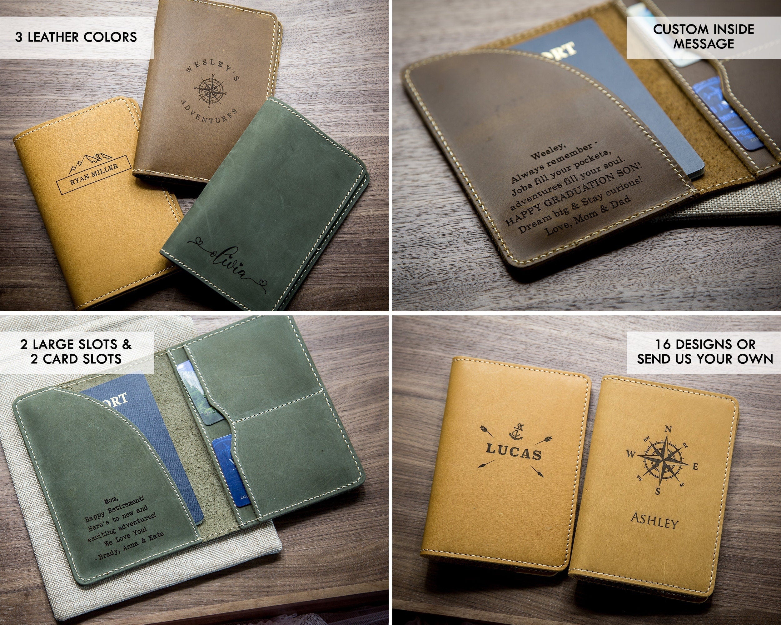 Engraved Passport Holder - leather travel wallet, 3rd wedding leather anniversary gift, wedding gift for couple, coworker or mom dad gift