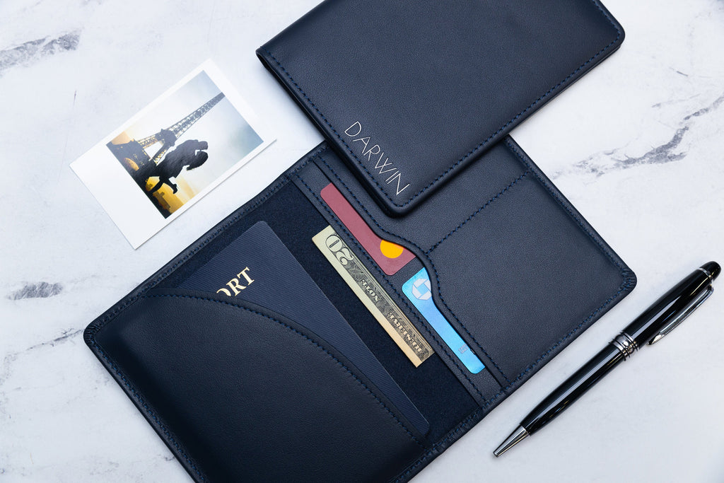 Embossed Leather Passport Holder - Custom Name Travel Wallet, Company Corporate Business Retiree Gifts, Personalized Wedding Travel Gift