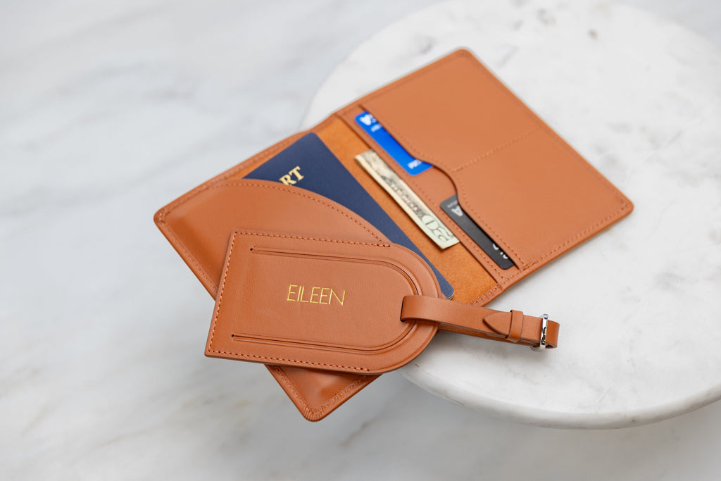 Embossed Leather Passport Holder & Embossed Luggage Tag (SET) - Travel Card Wallet, 3rd Wedding Anniversary Gift, Custom Gift for Family