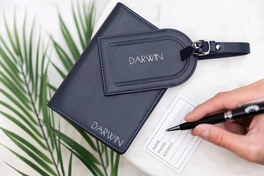 Embossed Leather Passport Holder & Embossed Luggage Tag (SET) - Travel Card Wallet, 3rd Wedding Anniversary Gift, Custom Gift for Family