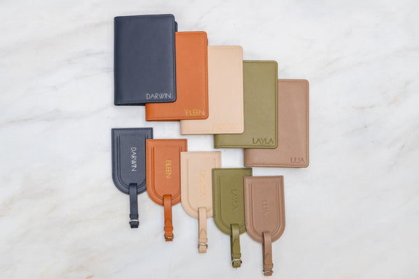 Embossed Leather Passport Holder & Embossed Luggage Tag (SET) - Travel Card Wallet, 3rd Wedding Anniversary Gift, Custom Gift for Family